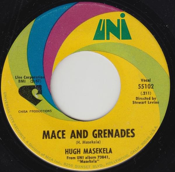 Album cover art for "Mace and Grenades" by Hugh Masekela