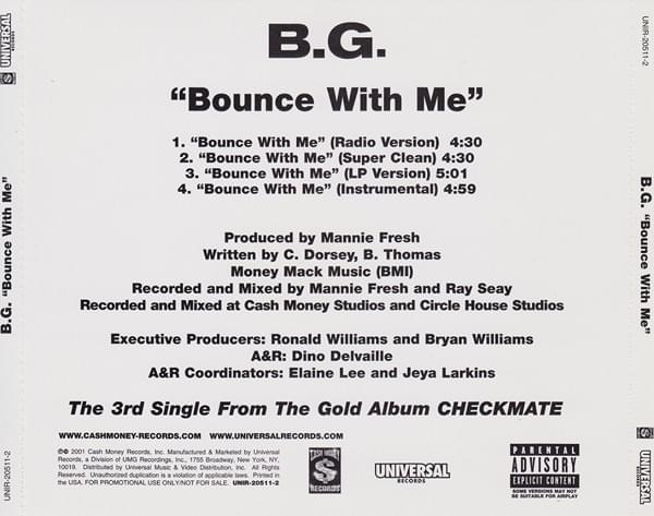 Album cover art for "Bounce With Me" by B.G.