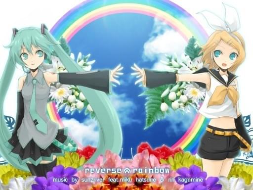 Album cover art for "逆さまレインボー (reverse rainbow)" by すんzりヴぇrP (sunzriverP) & 鏡音リン (Kagamine Rin) & 初音ミク (Hatsune Miku)