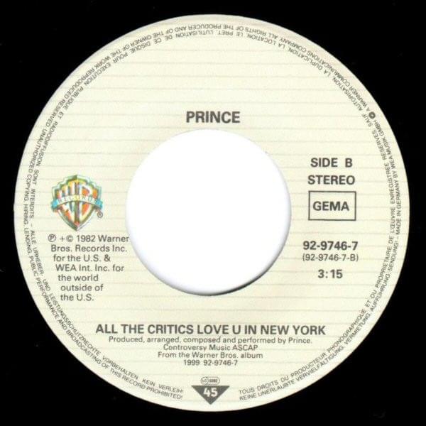 Album cover art for "All the Critics Love U in New York (7" Edit)" by Prince