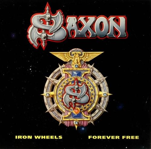Album cover art for "Iron Wheels" by Saxon
