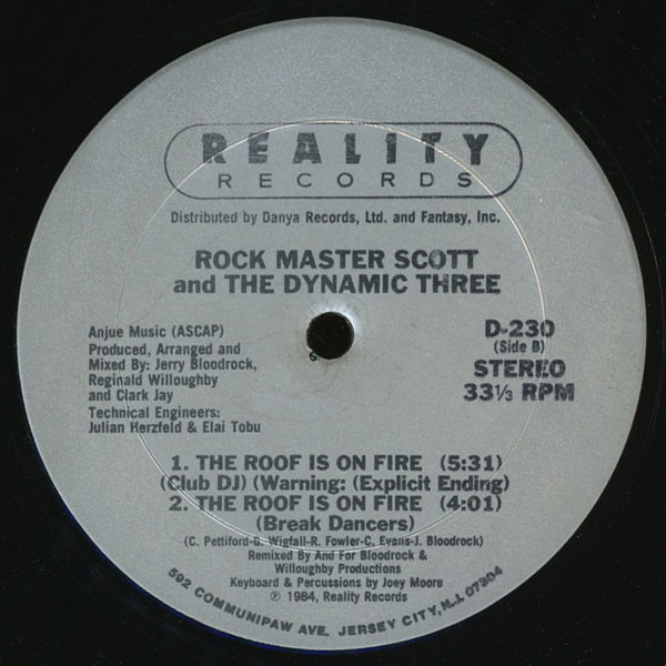 Album cover art for "The Roof Is on Fire" by Rock Master Scott & the Dynamic Three