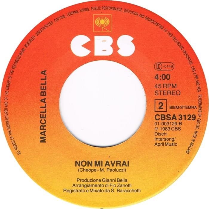 Album cover art for "Non mi avrai" by Marcella Bella
