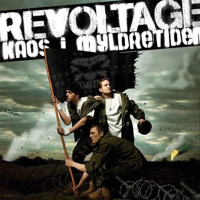 Album cover art for "Hvem Skal Redde Byen Fra De Rige" by Revoltage & Per Vers