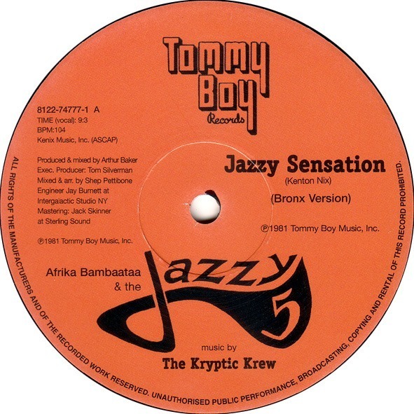 Album cover art for "Jazzy Sensation (Bronx Version)" by The Kryptic Krew & Afrika Bambaataa & The Jazzy 5