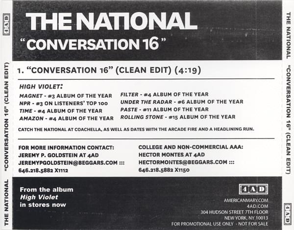 Album cover art for "Conversation 16" by The National