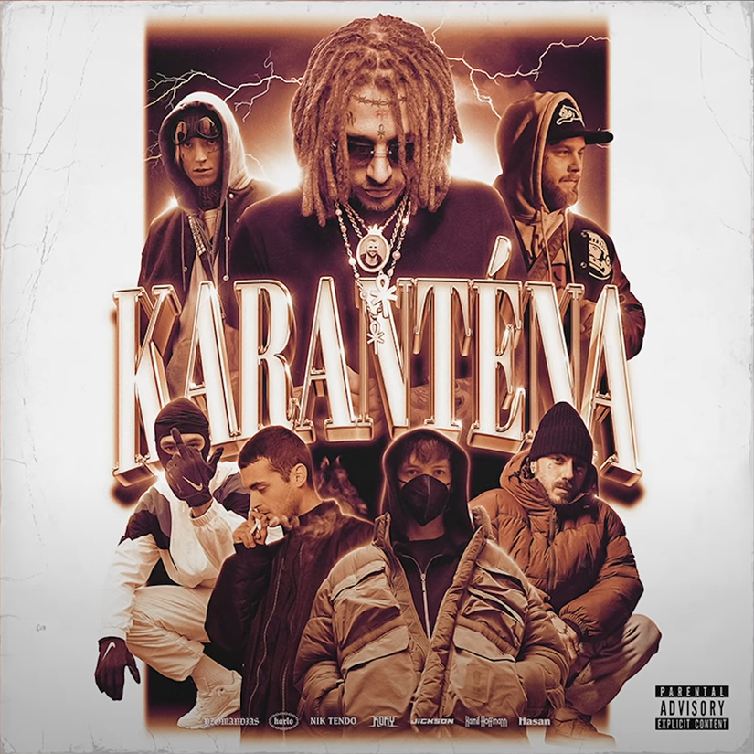 Album cover art for "karanténa" by Yzomandias & Karlo & Jickson & Hasan & Kamil Hoffmann & Koky & Nik Tendo