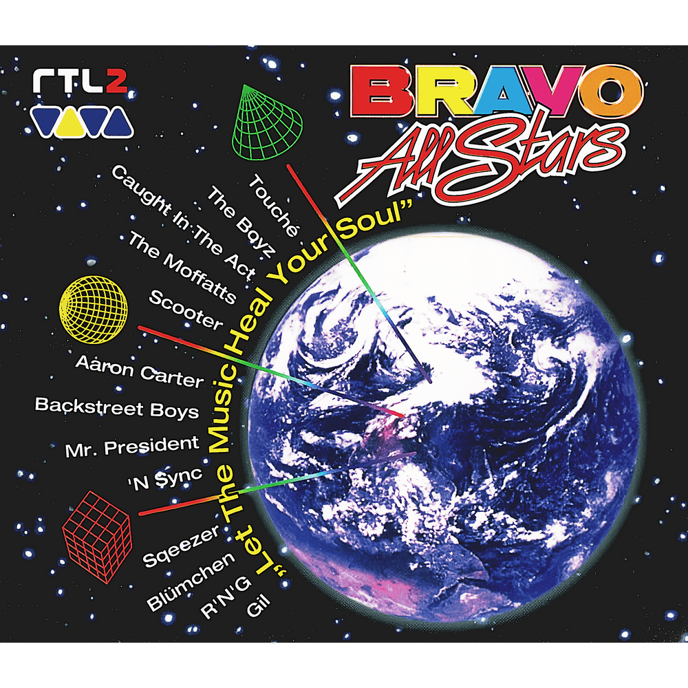 Album cover art for "Let the Music Heal Your Soul" by Bravo All Stars & Sqeezer & Scooter & Rng & The Moffatts & Mr. President & Gil Ofarim & The Boyz (Hip-Hop) & Blümchen & *NSYNC & Backstreet Boys & Aaron Carter