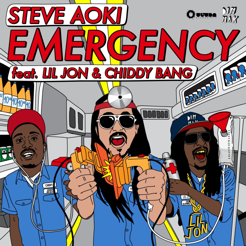 Album cover art for "Emergency" by Steve Aoki & Lil Jon & Chiddy Bang