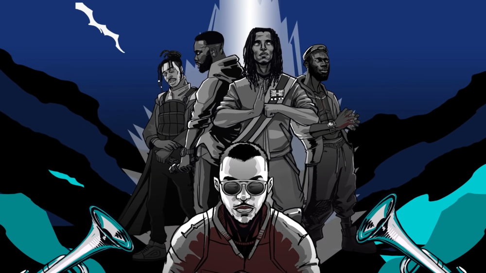 Album cover art for "BLOW YA TRUMPET" by Swindle & Kojey Radical & Akala & Ghetts & Knucks