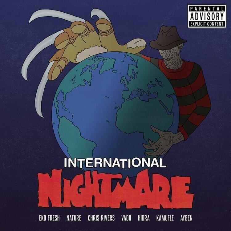 Album cover art for "International Nightmare" by Eko Fresh & Nature & Chris Rivers & Kamufle & Ayben