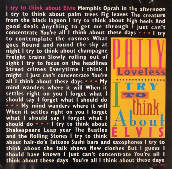 Album cover art for "I Try To Think About Elvis" by Patty Loveless