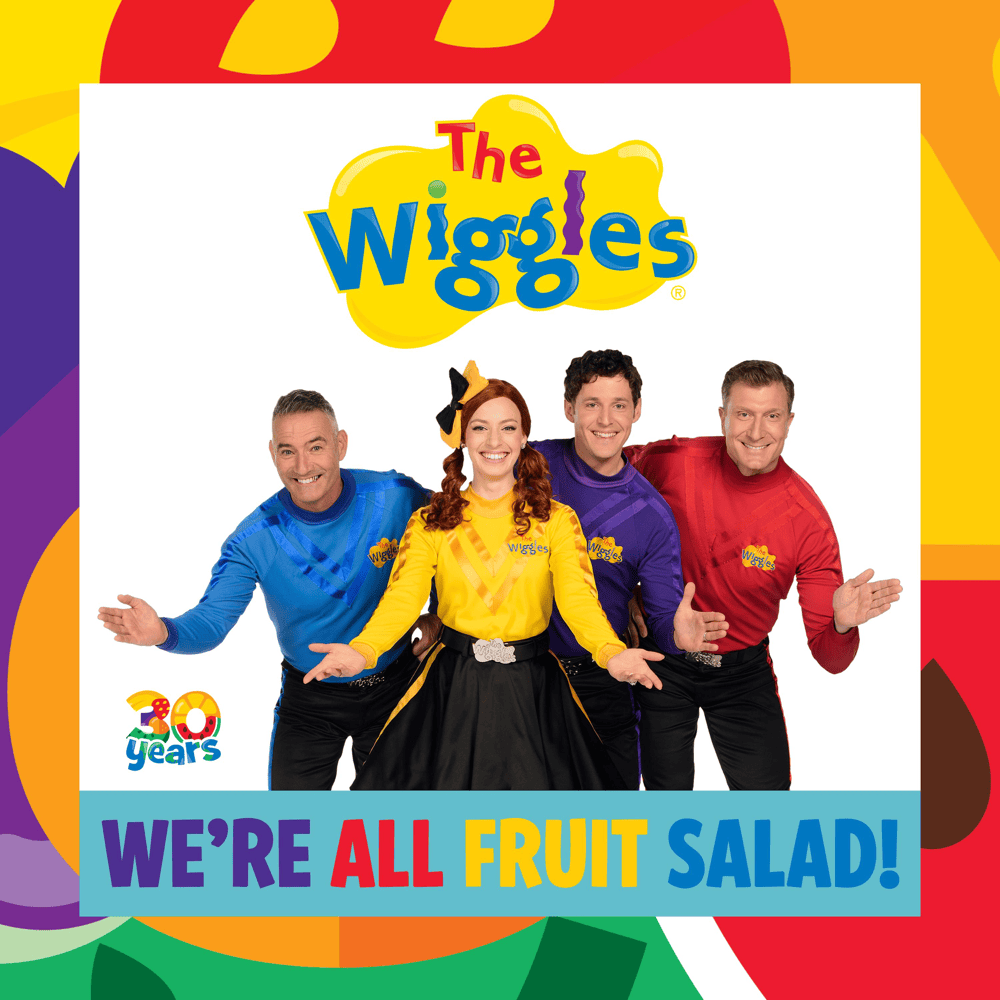 Album cover art for "We’re All Fruit Salad!" by The Wiggles & James Harkness & Jawan Jackson & Lou Diamond Phillips & Robert Rakete & Taylor Simone & Víctor Valdés