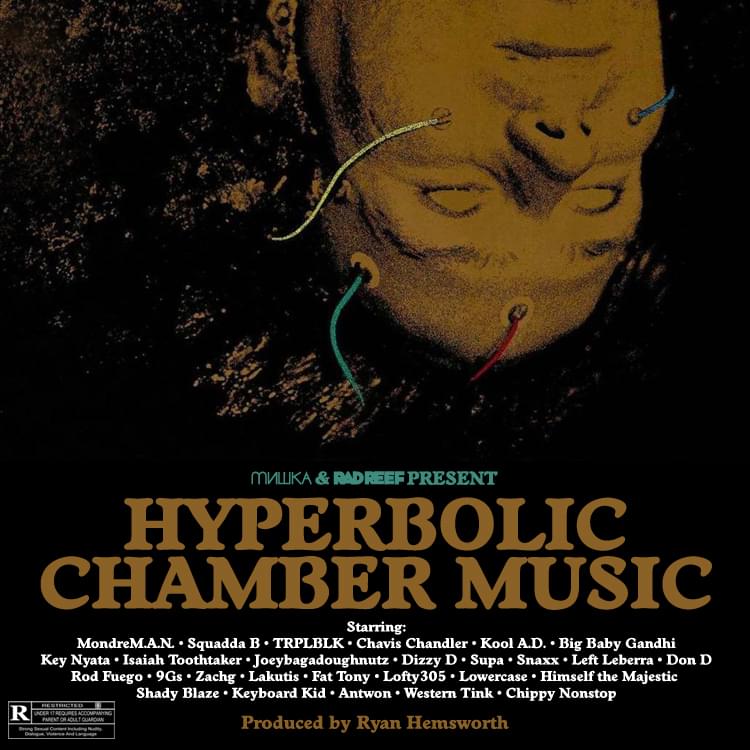 Album cover art for "Hyperbolic Chamber Music" by Ryan Hemsworth & Lowercase (Rapper) & Zachg & Lakutis & Left Leberra & Himself The Majestic & Dizzy D & Western Tink & Chavis Chandler & Antwon & Don D & Joeybagadoughnutz & Chippy Nonstop & Mondre M.A.N. & Lofty305 & Snaxx & TRPL BLK & Supa SortaHuman & Big Baby Gandhi & Kool A.D. & Rod Fuego & Isaiah Toothtaker & Shady Blaze & Keyboard Kid & 9Gs & Fat Tony & Squadda B
