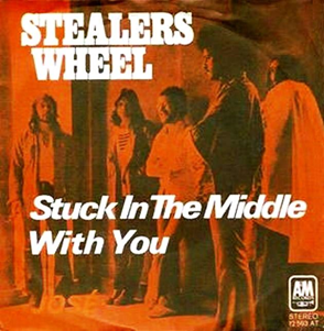 Album cover art for "Stuck in the Middle with You" by Stealers Wheel