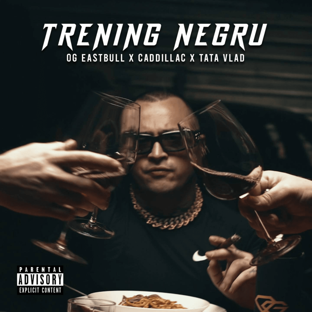 Album cover art for "TRENING NEGRU" by OG Eastbull & Caddillac & Tata Vlad