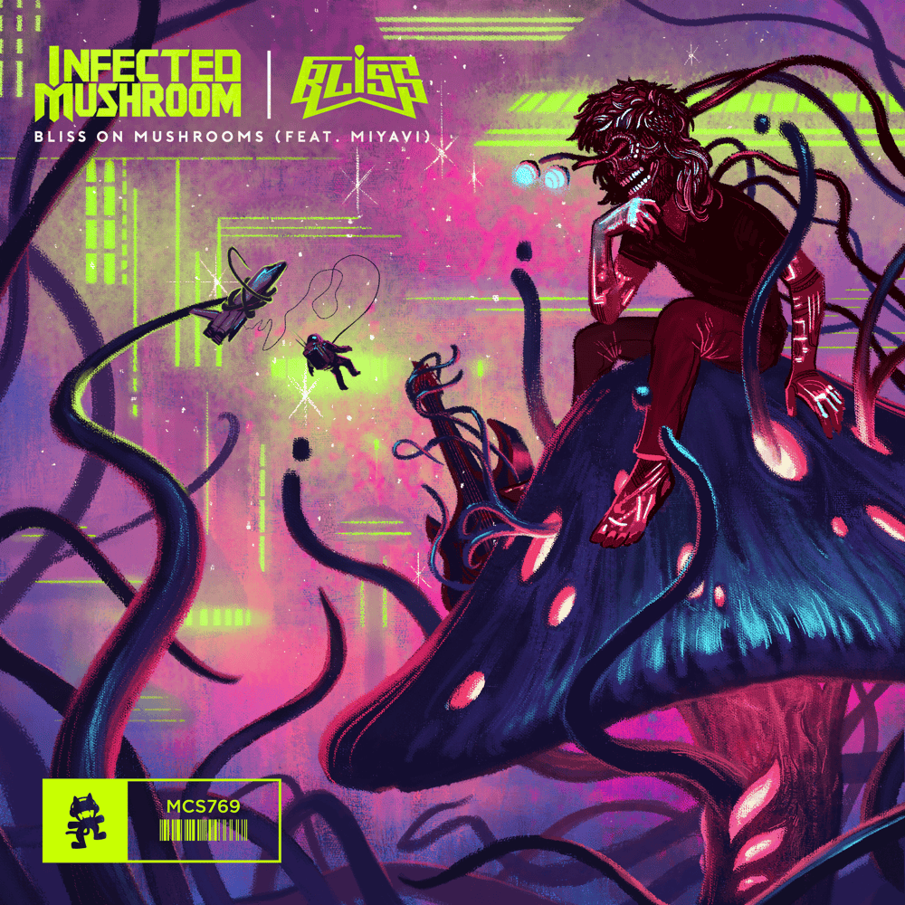 Album cover art for "Bliss on Mushrooms" by Infected Mushroom & MIYAVI