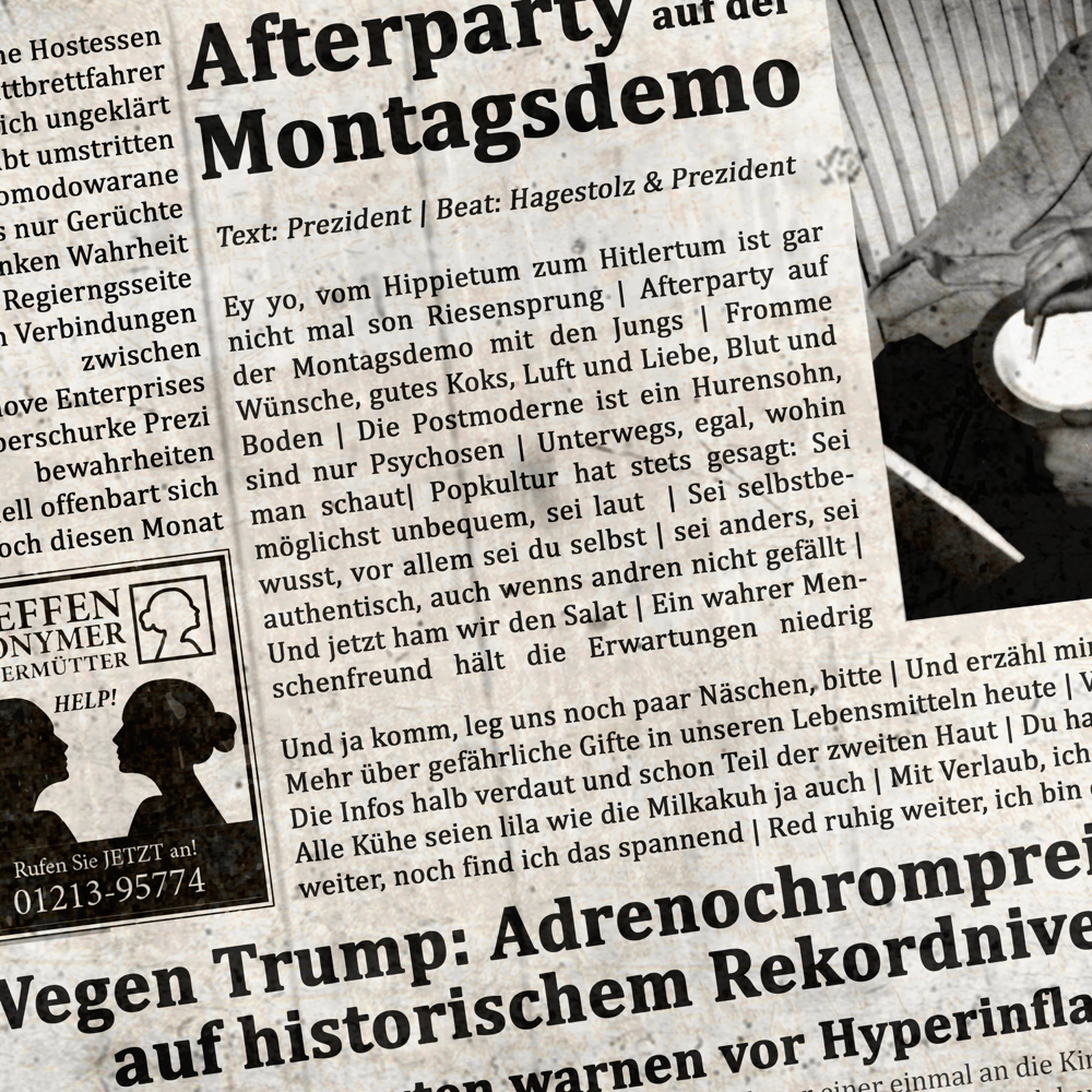 Album cover art for "Afterparty auf der Montagsdemo" by Prezident & Jay Baez & Hagestolz