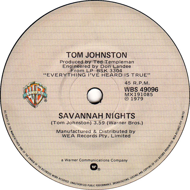 Album cover art for "Savannah Nights" by Tom Johnston