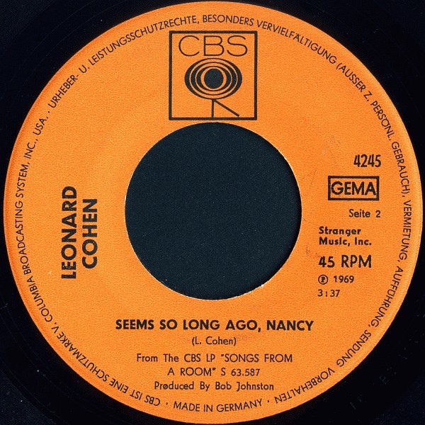 Album cover art for "Seems So Long Ago, Nancy" by Leonard Cohen