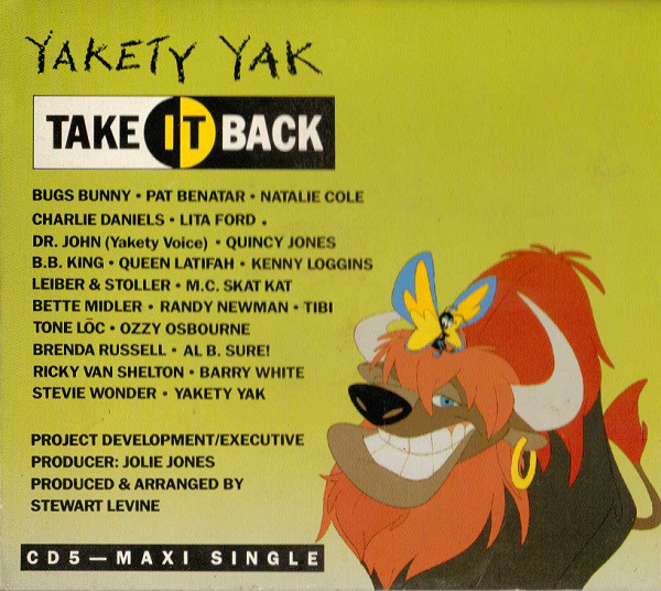 Album cover art for "Yakety Yak (Take It Back)" by Take It Back Foundation & Charlie Daniels & Melba Moore & Stevie Wonder & Tone Lōc & Mike Stoller & Jerry Leiber & Brenda Russell & MC Skat Kat and The Stray Mob & Bugs Bunny & Quincy Jones & Kenny Loggins & Randy Newman & Barry White & Lita Ford & Ricky Van Shelton & B.B. King & Dr. John & Ozzy Osbourne & Natalie Cole & Queen Latifah & Al B. Sure! & Pat Benatar & Bette Midler