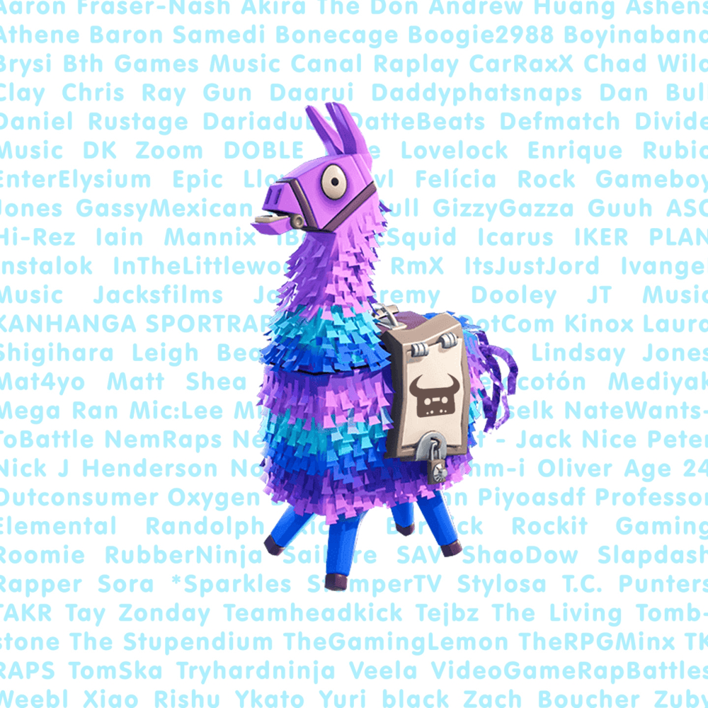 Album cover art for "Fortnite Rap Battle Royale" by Dan Bull & Mat4yo & Randolph & Daddyphatsnaps & Roomie & Muselk & Baron Samedi & Instalok & Dooley Noted & Ricky Berwick & JT Music & George Bull & NateWantsToBattle & LilDeuceDeuce & Ashens & Mega Ran & Kanhanga SportRap & Athene & jacksfilms & CarRaxX & Doble & Therpgminx & Lindsay Jones & Kim Dotcom & Matt Shea & FabvL & GameboyJones & Rustage & Leigh Beadon & DatteBeats & Canal Raplay & Jay F & Enrique Rubio & Yuri Black & Daarui & DK Zoom & Iker Plan & Boogie2988 & Boyinaband & Hi-Rez & Gizzy Gazza & Xiao Rishu & VideoGameRapBattles & NerdCubed & Chris Ray Gun & Iain Mannix & Aaron Fraser-Nash & Divide Music & NerdOut & NemRaps & Ohmi. & Professor Elemental & GassyMexican & Nice Peter & EpicLLOYD & Ross O’Donovan & iBallisticSquid & Bonecage & oo oxygen & The Living Tombstone & DEFMATCH & KEYBLADE & supershigi & TEAMHEADKICK & Bth Games Music & Ykato & Kinox & Isu RmX & Dariadubs & Nick J Henderson & Saikore & Shao Dow & EnterElysium & Chad Wild Clay & The Stupendium & Outconsumer & Tejbz & Tay Zonday & Rockit Music & Scary the Kid & Elsie Lovelock & Icarus & SAV & Akira The Don & Phan Ann & Oliver Hindle & Stamper & None Like Joshua & Andrew Huang & Sparkles* & TomSka & Piyoasdf & MdeMelocotón & Ivangel Music & Takeru (BRA) & Felícia Rock & TK Raps & TC Punters & Guuh A.S.C. & TheGamingLemon & Unit Lost & Zuby & Zach B & Mr Weebl & BrySi & Ben Schuller & Veela & Miracle of Sound & MIC:LEE & InTheLittleWood & MC Lars & Slapdashrapper & Mediyak & SORA (RUS) & ItsJustJord & TryHardNinja