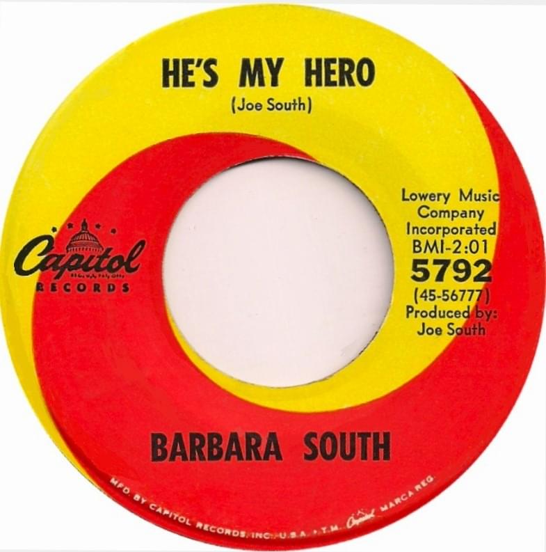 Album cover art for "He’s My Hero" by Barbara South