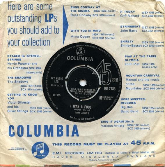 Album cover art for "I Was a Fool" by Tom Jones