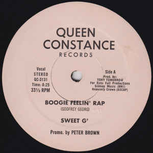 Album cover art for "Boogie Feelin’ Rap" by Sweet G